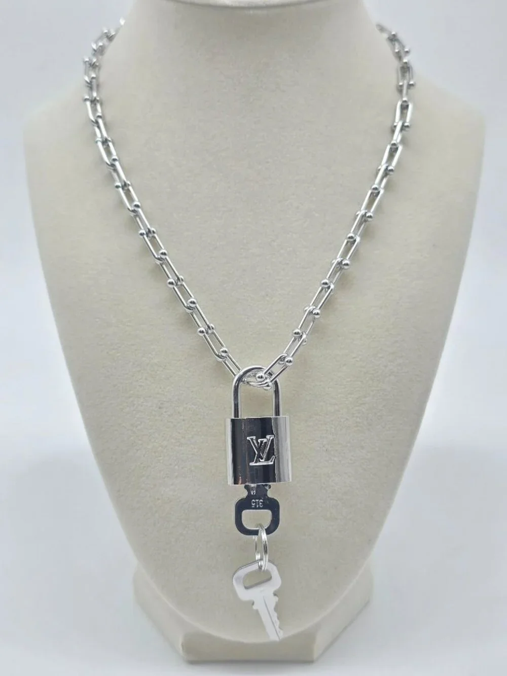 Stainless Steel Horse Shoe Chain with Authentic Louis Vuitton Silver Padlock